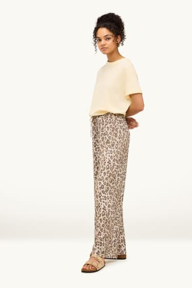 Dames - Pantalon - high waist - wide leg - luipaardvelprint - beige