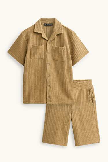 Bambini - Set - camicia e bermuda in maglia - collo all'italiana - a coste - 2 pezzi - marrone
