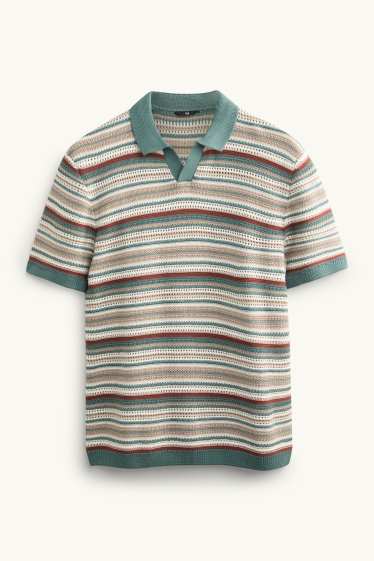 Heren - Gebreid poloshirt - regular fit - gestreept - met structuur - groen / beige
