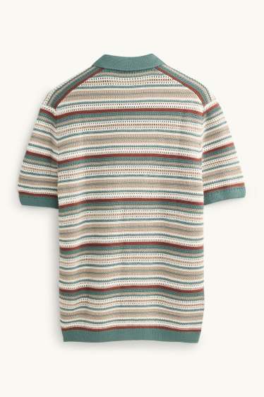 Heren - Gebreid poloshirt - regular fit - gestreept - met structuur - groen / beige