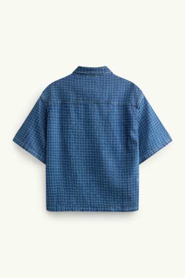 Men - Denim shirt - relaxed fit - kent collar - check - blue denim