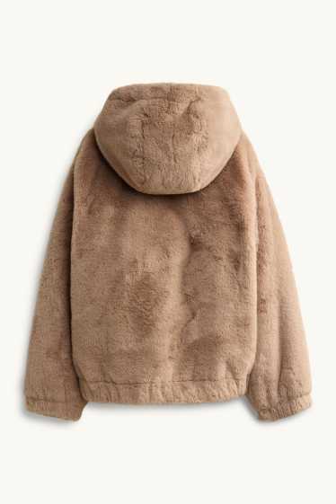 Bambine - Giacca in pelliccia sintetica con cappuccio - marrone
