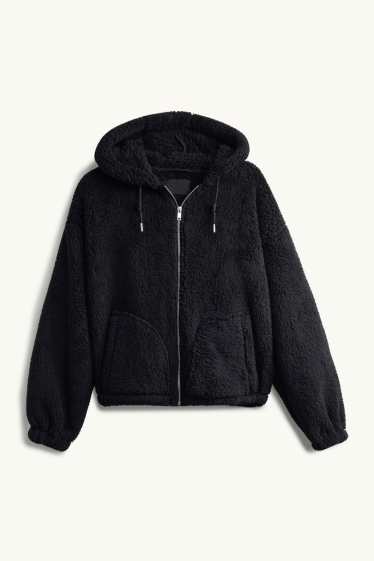 Damen - Teddy-Jacke mit Kapuze - schwarz