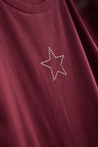 Kinder Mädchen - Stern - Kleid mit Strasssteinen - gerippt - dunkelrot