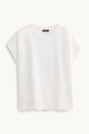 Damen - T-Shirt - Regular Fit - Broderie Anglaise - weiss