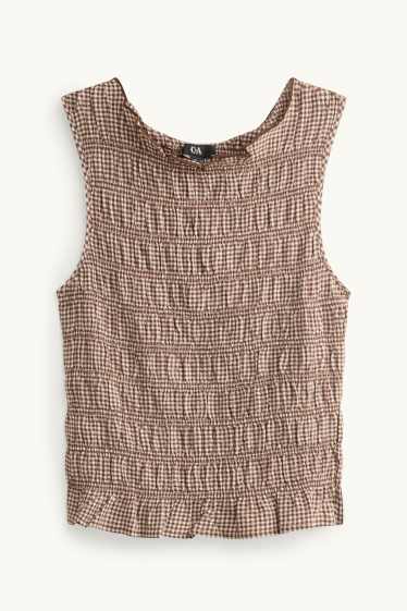 Dames - Top - geruit - gesmokt - bruin / beige