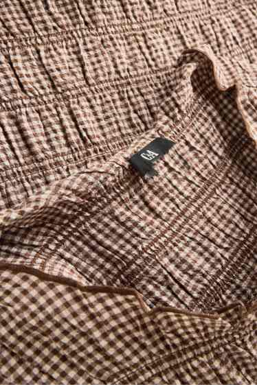 Dames - Top - geruit - gesmokt - bruin / beige