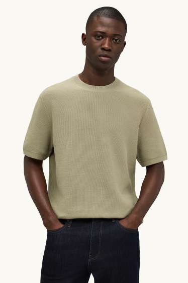 Heren - Gebreide trui - korte mouw - met structuur - kaki