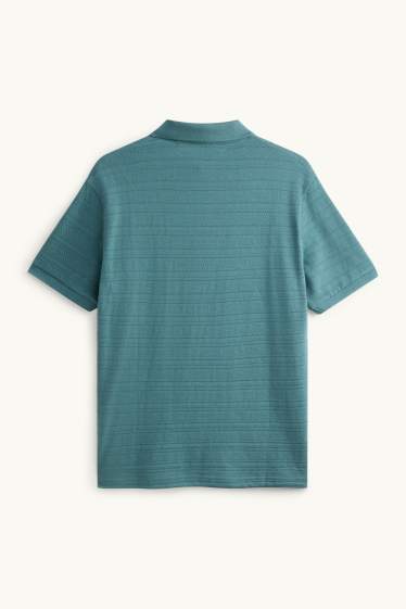 Heren - Gebreid poloshirt - regular fit - met structuur - gestreept - turquoise