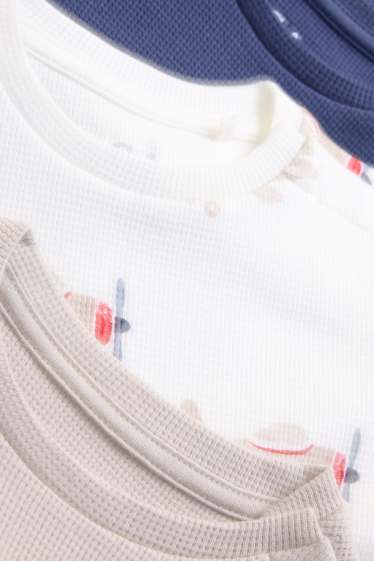 Baby: jongens - Set van 3 - vliegtuigje - baby-T-shirt - met structuur - donkerblauw / crème wit