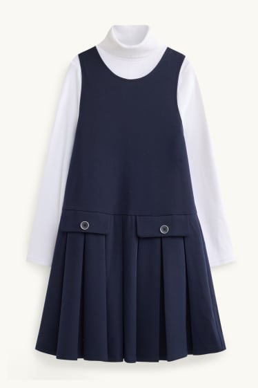 Kinderen: meisjes - Set - jurk en longsleeve - 2-delig - wit / blauw