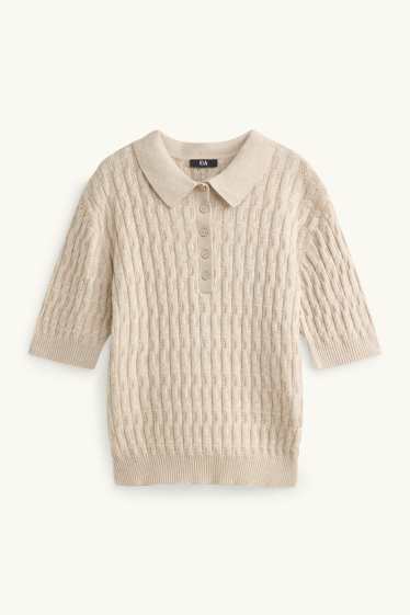 Femmes - Pull en maille - manches courtes - finition texturée - beige