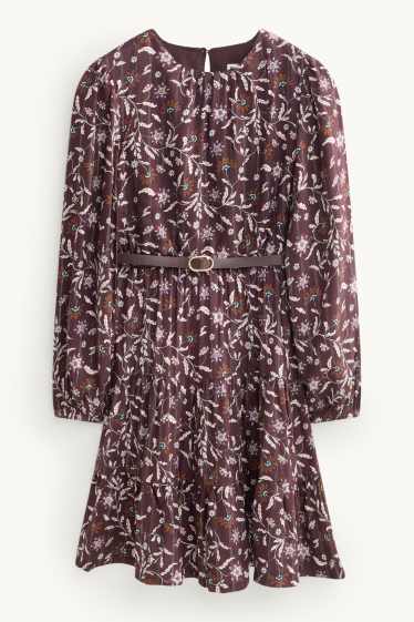 Enfants filles - Fleur - robe avec ceinture - finition brillante - marron