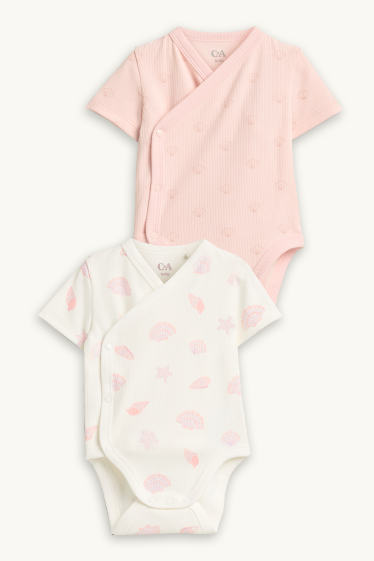 Bébés filles - Lot de 2 - coquillage - body croisé bébé - finition côtelée - blanc / rose