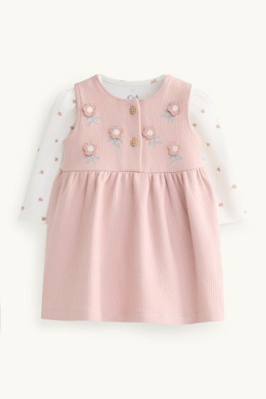 Baby: meisjes - Bloemetje - baby-outfit - 2-delig - wit / roze