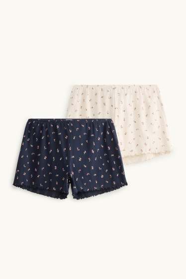 Damen - Multipack 2er - Pyjama-Shorts - geblühmt - dunkelblau / weiß