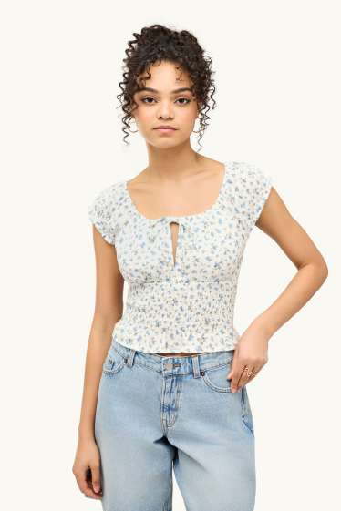 Femmes - Caraco court - à fleurs - smocké - blanc