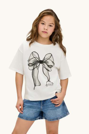 Kinder Mädchen - Schleife - Kurzarmshirt mit Strasssteinen - weiß