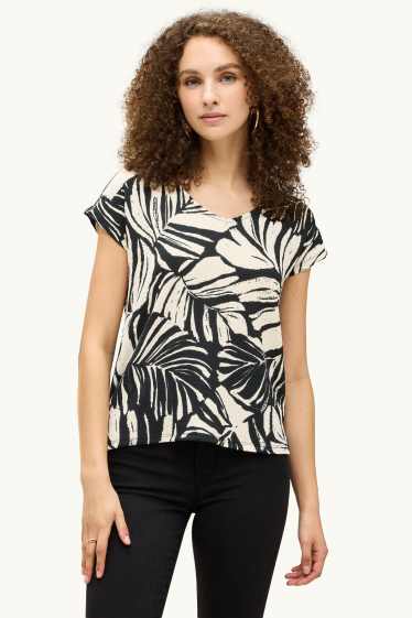 Dámské - Tričko s výstřihem ve tvaru V - regular fit - se vzorem - černá