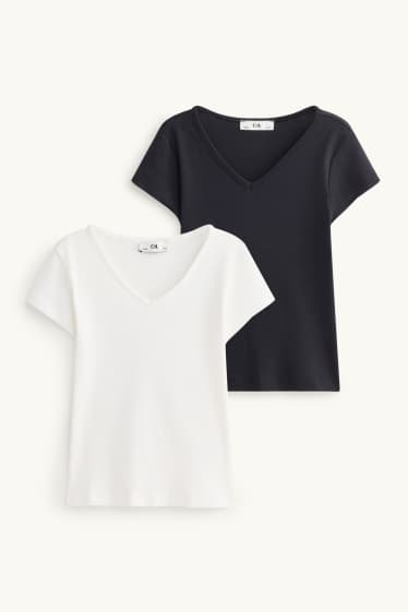 Kinderen: meisjes - Set van 2 - T-shirt - ribstof - wit / zwart