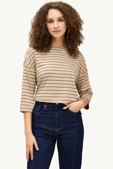 Femei - Tricou cu mânecă lungă - regular fit - cu dungi - bej