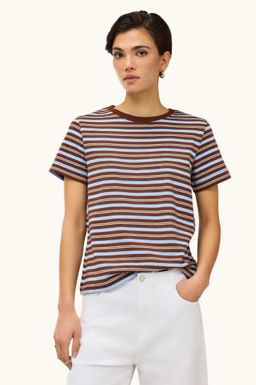Dámské - Tričko - regular fit - pruhované - hnědá/modrá
