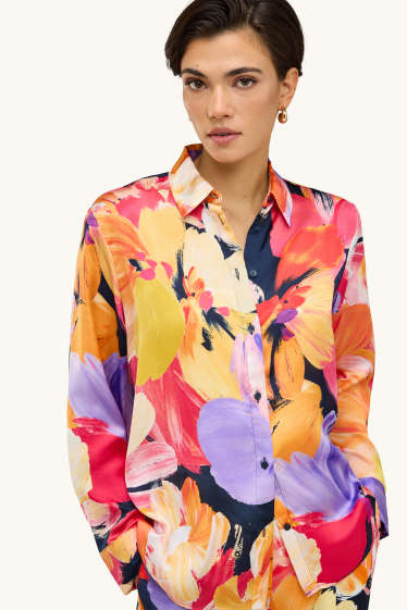 Donna - Blusa - a fiori - fucsia / arancione