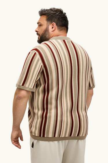 Pánské - Pletená košile - regular fit - klopový límec - pruhovaná - hnědá