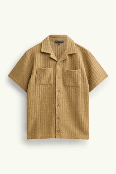 Children Boys - Set - knitted shirt and Bermuda shorts - kent collar - ribbed - 2 piece - brown