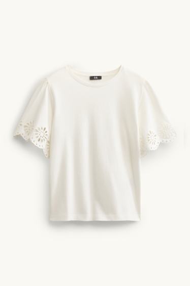 Dames - T-shirt - regular fit - broderie Anglaise - wit