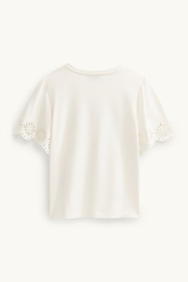 Dames - T-shirt - regular fit - broderie Anglaise - wit
