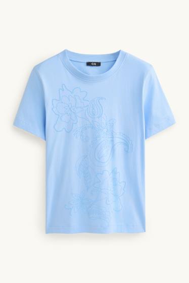 Dames - T-shirt - regular fit - met borduursel - gebloemd - lichtblauw