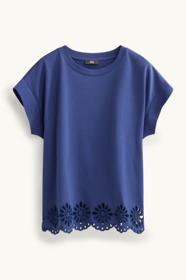 Femei - Tricou - regular fit - broderie englezească - albastru închis