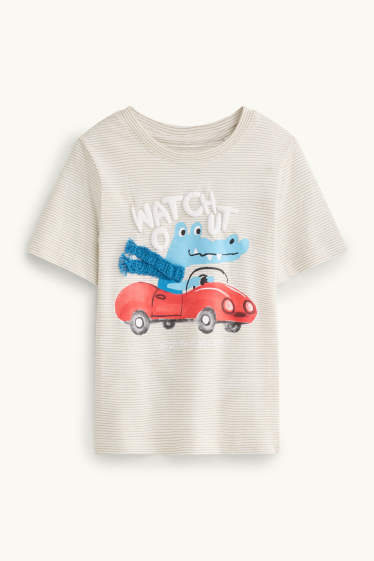 Kinder Buben - Dino - Kurzarmshirt - gestreift - beige