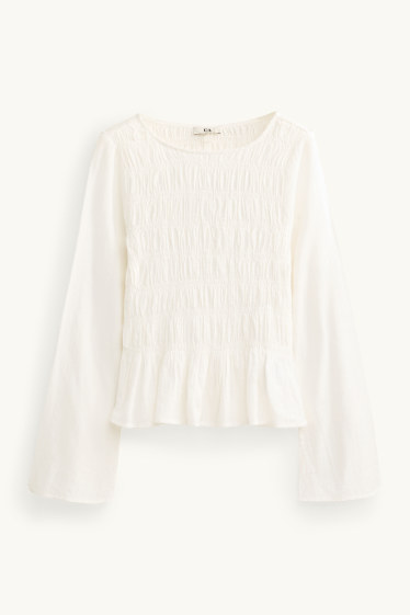 Damen - Bluse - gesmokt - weiß