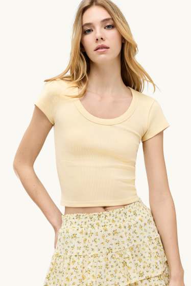 Damen - Crop T-Shirt - Slim Fit - Feinripp - beige