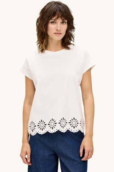 Damen - T-Shirt - Regular Fit - Broderie Anglaise - weiss
