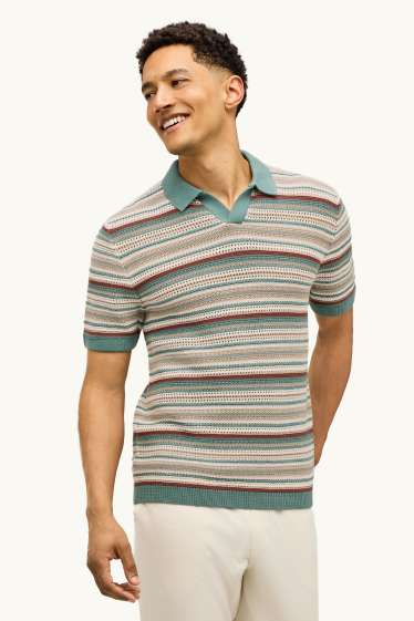 Heren - Gebreid poloshirt - regular fit - gestreept - met structuur - groen / beige