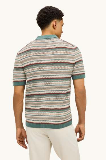 Heren - Gebreid poloshirt - regular fit - gestreept - met structuur - groen / beige