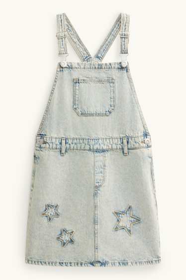 Enfants filles - Ensemble - T-shirt et robe-salopette en jean - 2 pièces - blanc / bleu clair