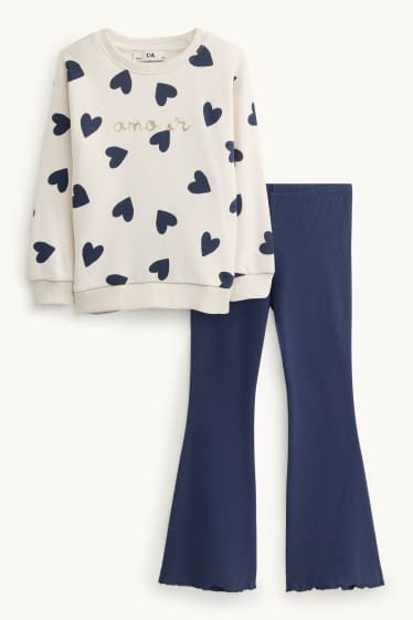 Children Girls - Heart - set - sweatshirt and leggings - 2 piece - dark blue / creme white