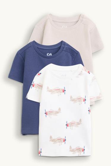 Baby: jongens - Set van 3 - vliegtuigje - baby-T-shirt - met structuur - donkerblauw / crème wit