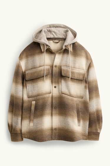 Men - Shirt jacket with hood - relaxed fit - kent collar - check - brown