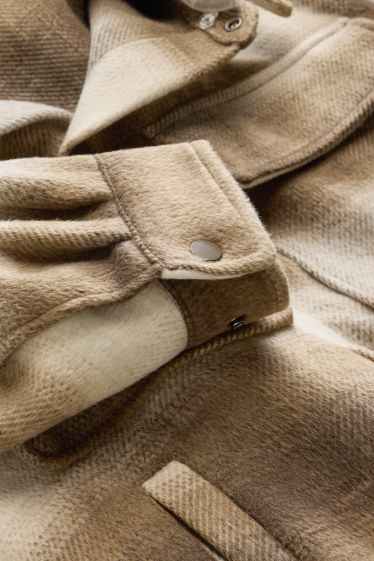 Men - Shirt jacket with hood - relaxed fit - kent collar - check - brown