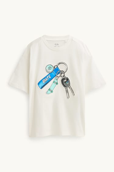 Kinder Buben - Schlüsselbund und Skateboard - Kurzarmshirt - weiß
