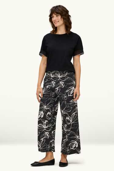 Dames - Korte pantalon - high waist - palazzo - gebloemd - wit / zwart