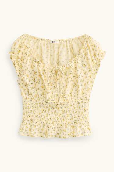 Damen - Crop Blusentop - geblümt - gesmokt - gelb