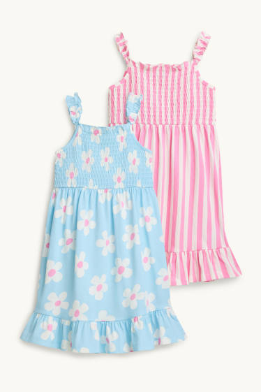 Bambine - Confezione da 2 - vestiti - fiori - arricciature - blu  / fucsia