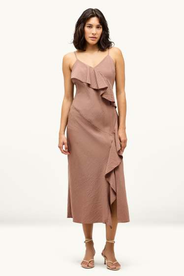 Damen - Fit & Flare Kleid mit V-Ausschnitt - hellbraun