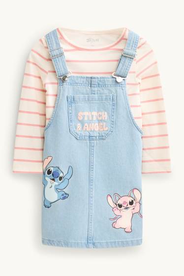 Kinder Mädchen - Lilo & Stitch - Set - Langarmshirt und Jeans-Latzkleid - helljeansblau
